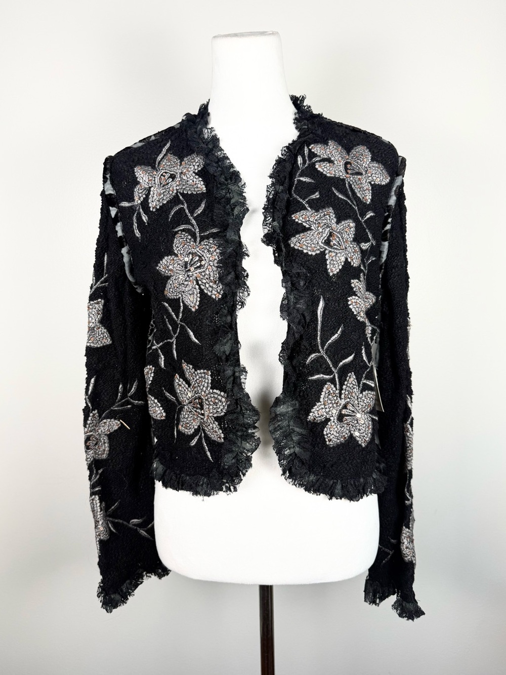 NWT VTG Sandy Starkman Black Floral Embroidered Open-Front Jacket
